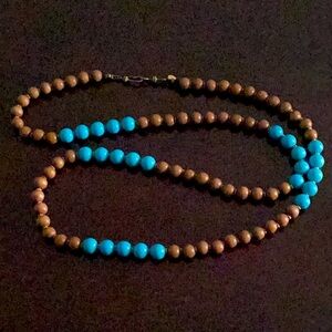 Turquoise & Walnut Wood Beads Long Necklace